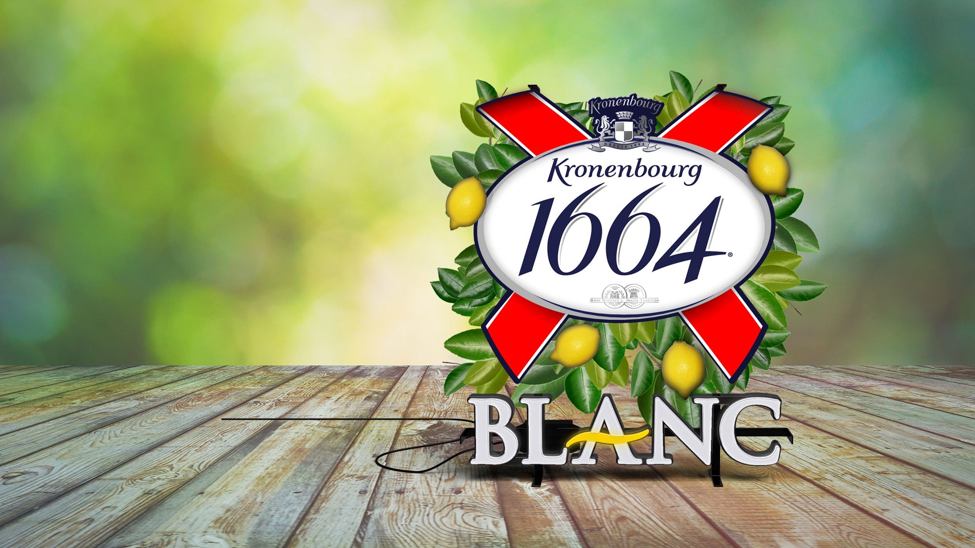 Kronenbourg sign on a wood table