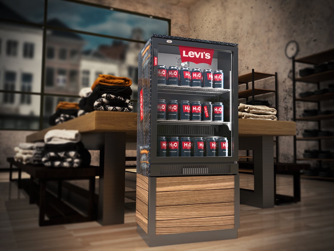 Retail in-store fridge display for levi's water cans