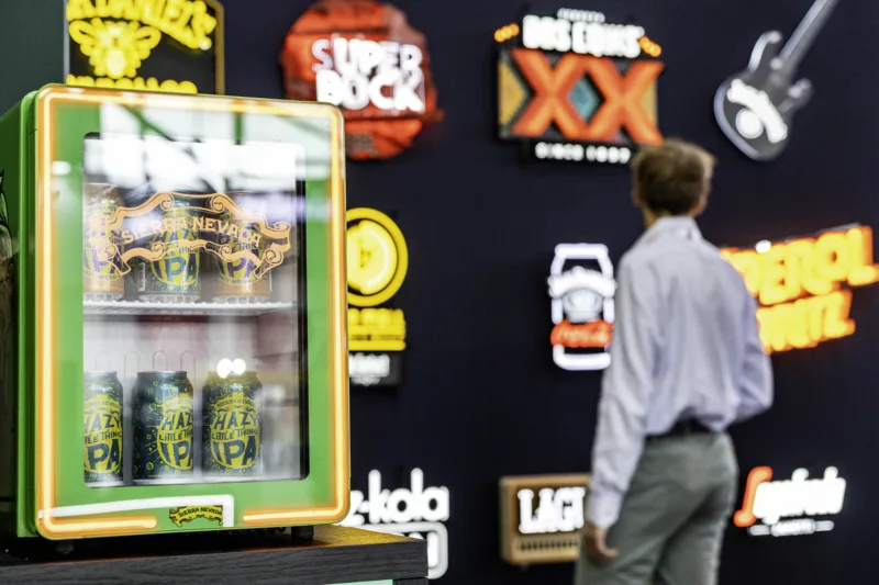 Fridge and neons in the background